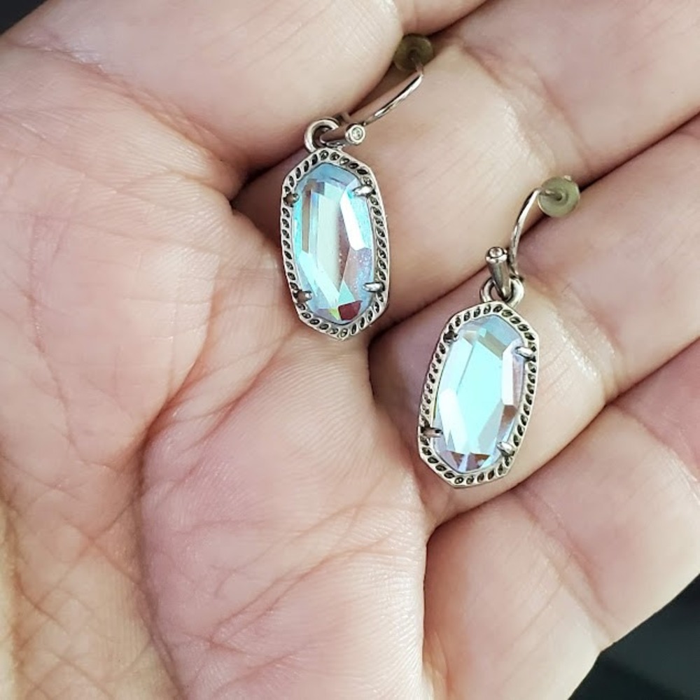 Kendra Scott Lee Silver Drop Earrings Iridescent Blue Dichroic Glass Dangle - Picture 2 of 5